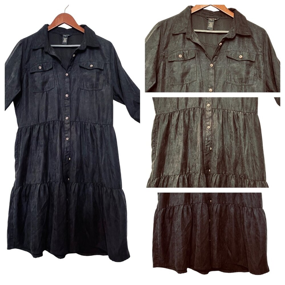 XL Black Midi Button-Up Dress Rolled Sleeves Pockets Millennium Casual Boho - Picture 4 of 16
